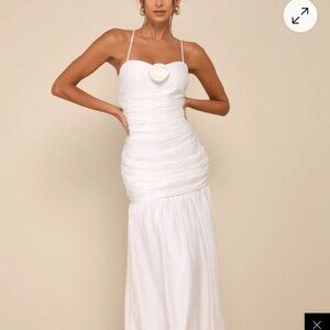 Lulu’s Size Dream Elegance White Ruched Rosette Drop Waist Maxi Dress Extra Smal